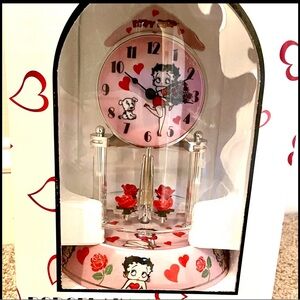 Betty Boop Porcelain Anniversary Collectible Clock, Hearts & Roses, Pink & Red